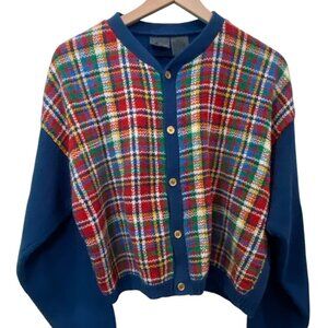 Vintage Plaid Cardigan Sweater - Blue with Multi-Color Plaid - Size Large